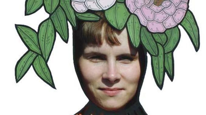 kvinna med tecknade blommor på huvudet, konstverk
