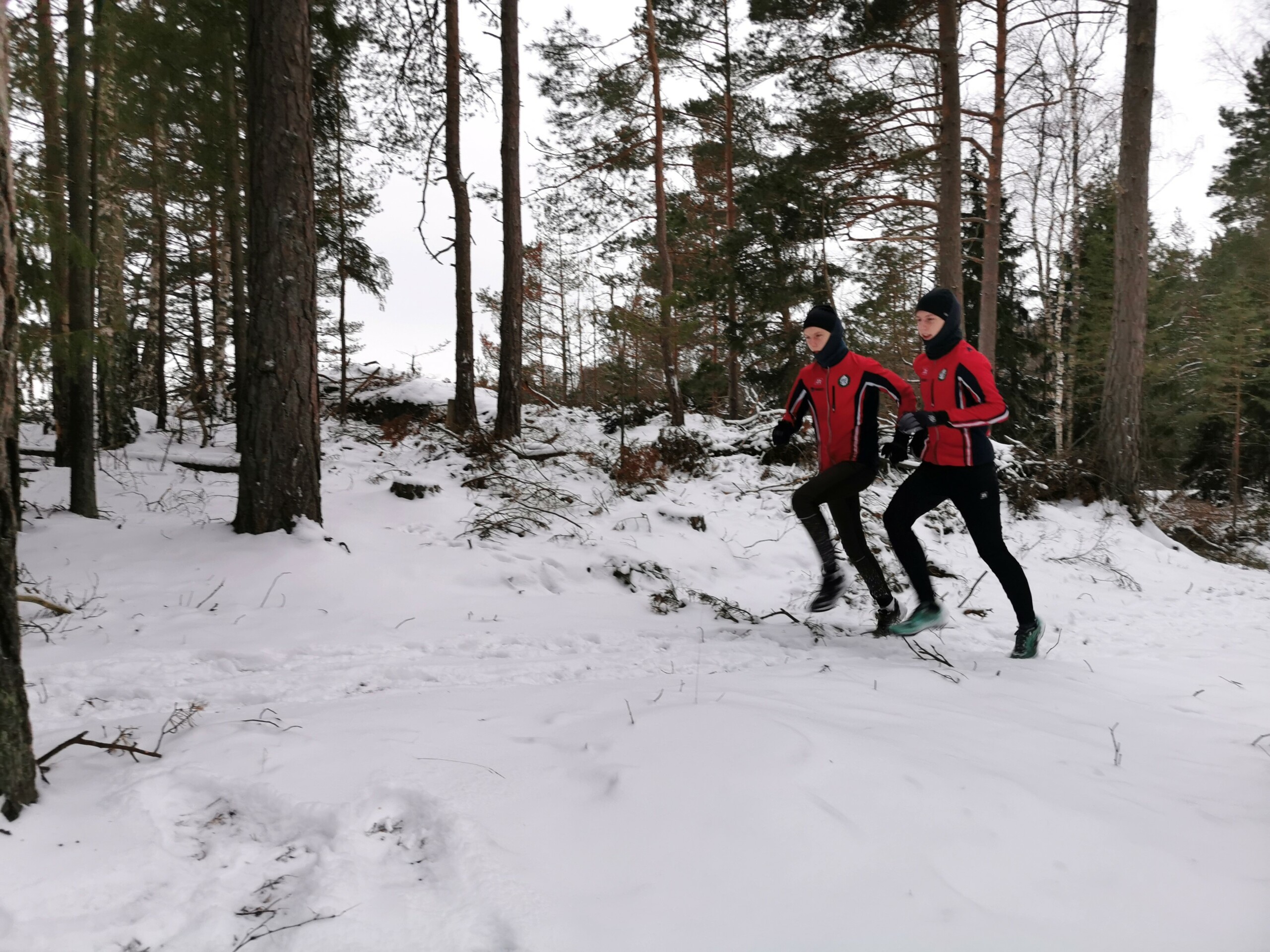 Två pojkar springer på vintern i skogen.